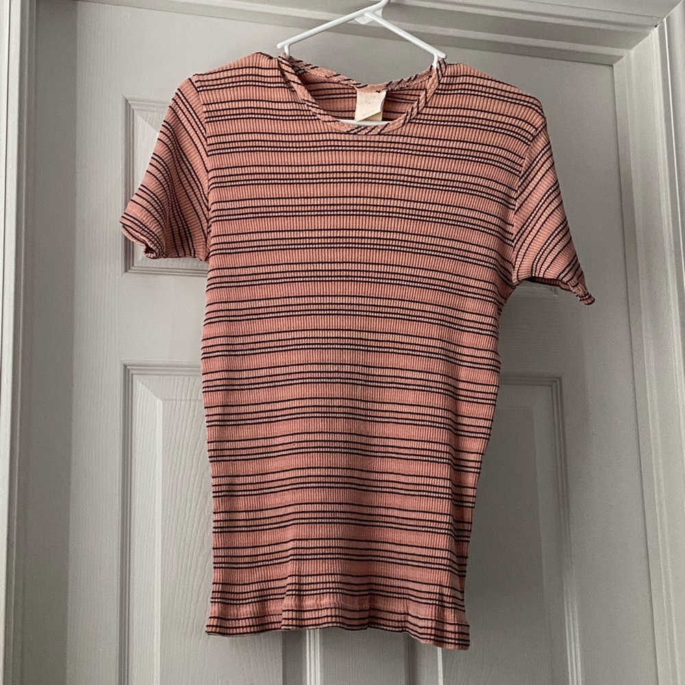Hot Cotton Pink and Black Striped Ribbed Short Sleeve Top